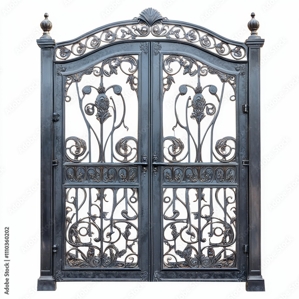 Ornate black metal gate, double doors, floral design. Ornate black metal gate, double doors, floral design.