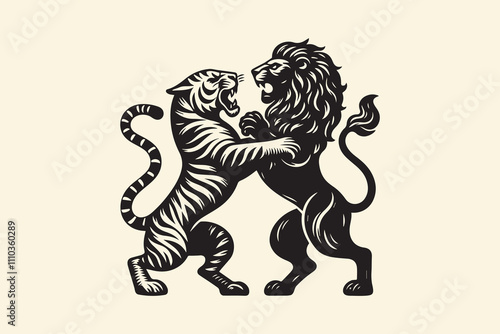 Lion and a tiger standing on their hind legs in an intense fight. Black vintage engraving illustration line art, isolated, cut out, tattoo, print, embelm