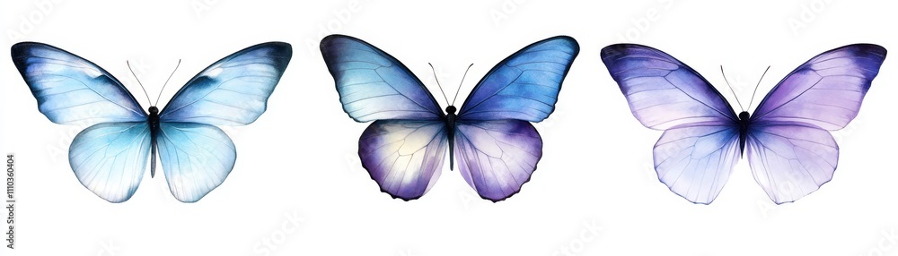 Obraz premium Three Watercolor Butterflies Blue Purple Violet Insect Wings