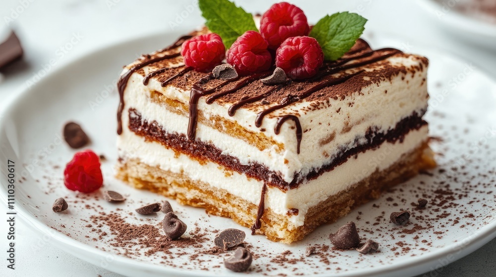 Rich layers of creamy dessert with chocolate drizzle and garnish, presented elegantly on a minimalist surface Rich layers of creamy dessert with chocolate drizzle and garnish, presented elegantly on a minimalist surface