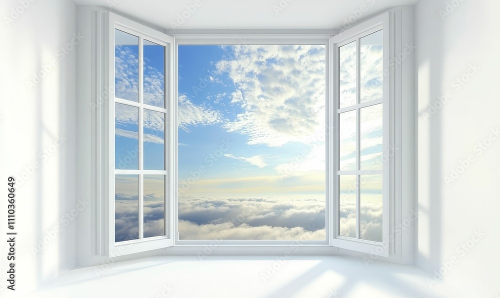 White window, open view, cloudscape, bright sky. White window, open view, cloudscape, bright sky.