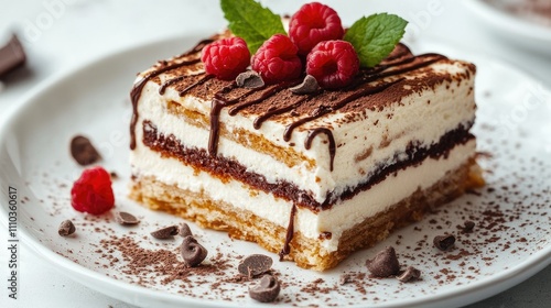 Rich layers of creamy dessert with chocolate drizzle and garnish, presented elegantly on a minimalist surface