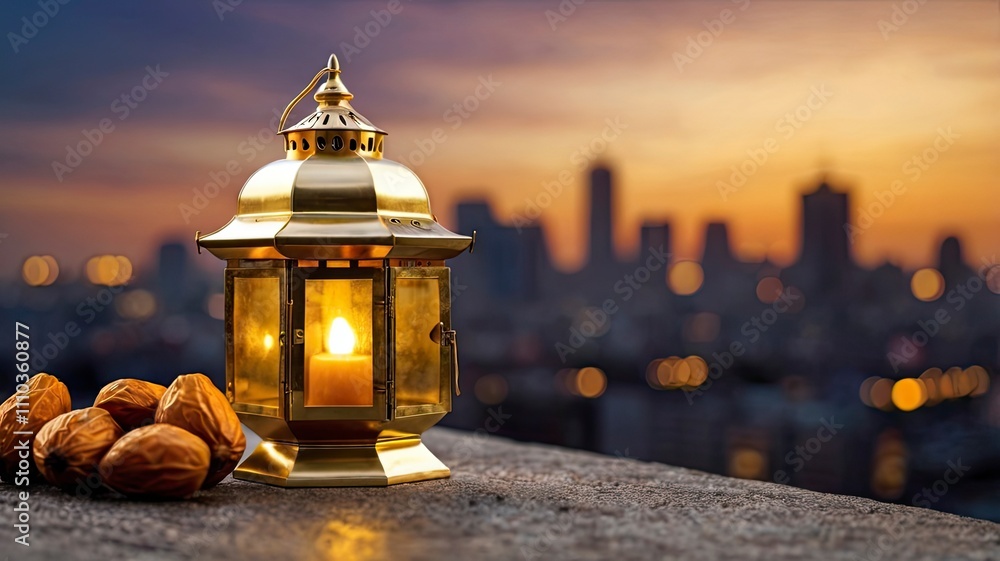 Fototapeta premium Golden lantern and dates fruit with dawn sky and city bokeh light background for the Muslim feast of the holy month of Ramadan Kareem.