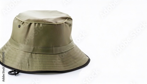 Khaki olive green bucket, fisherman, Irish country or session hat is a hat with a narrow, downward sloping brim made from heavy duty cotton fabric such as denim or canvas. Isolated on white background photo