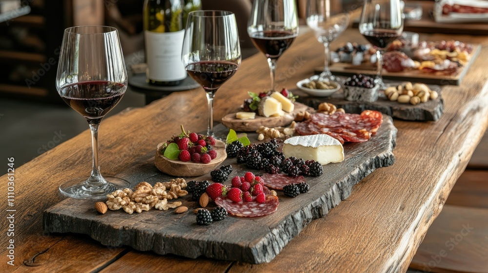 Rustic elegance: wine glasses at varying levels, charcuterie board with berries, nuts, and cheeses on weathered wood. Rustic elegance: wine glasses at varying levels, charcuterie board with berries, nuts, and cheeses on weathered wood.
