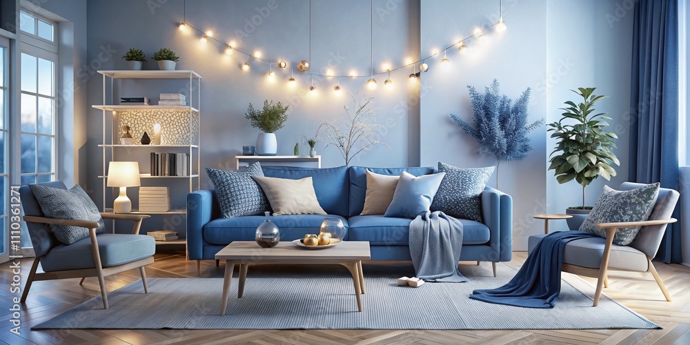 Modern Scandinavian Living Room Interior in Blue Shades with Bokeh Effect Creating a Cozy Atmosphere and Stylish Aesthetic for Contemporary Home Design Enthusiasts Modern Scandinavian Living Room Interior in Blue Shades with Bokeh Effect Creating a Cozy Atmosphere and Stylish Aesthetic for Contemporary Home Design Enthusiasts