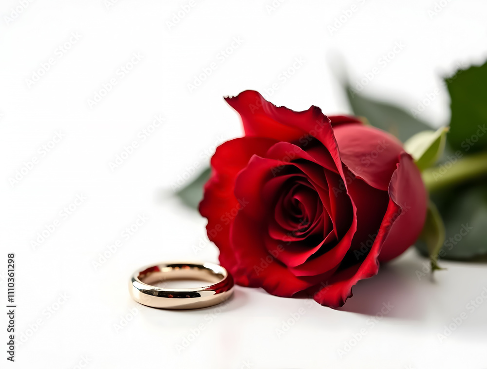Red Rose and Wedding Ring Against White Background: A Romantic Symbol of Love and Commitment Red Rose and Wedding Ring Against White Background: A Romantic Symbol of Love and Commitment