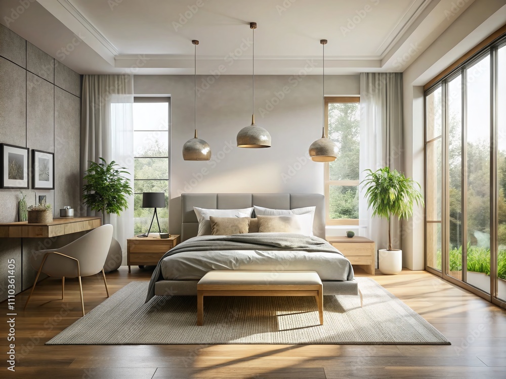 Fototapeta premium Modern Style Minimal Bedroom with Neutral Tones, Natural Light, and Contemporary Furniture Design for a Serene and Inviting Atmosphere in a Chic Urban Space