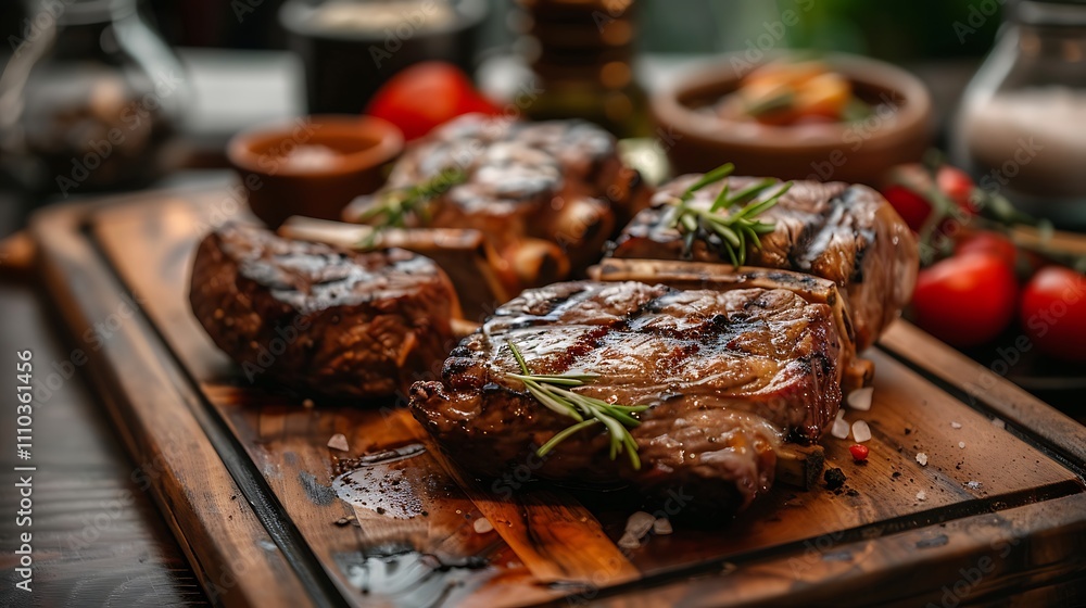Two servings of grilled beef and lamb displayed on a dining table at a restaurant Two servings of grilled beef and lamb displayed on a dining table at a restaurant