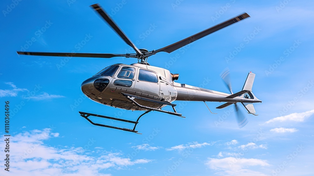 A close-up of a helicopter hovering in the sky, with the blades spinning and a clear blue sky in the background A close-up of a helicopter hovering in the sky, with the blades spinning and a clear blue sky in the background