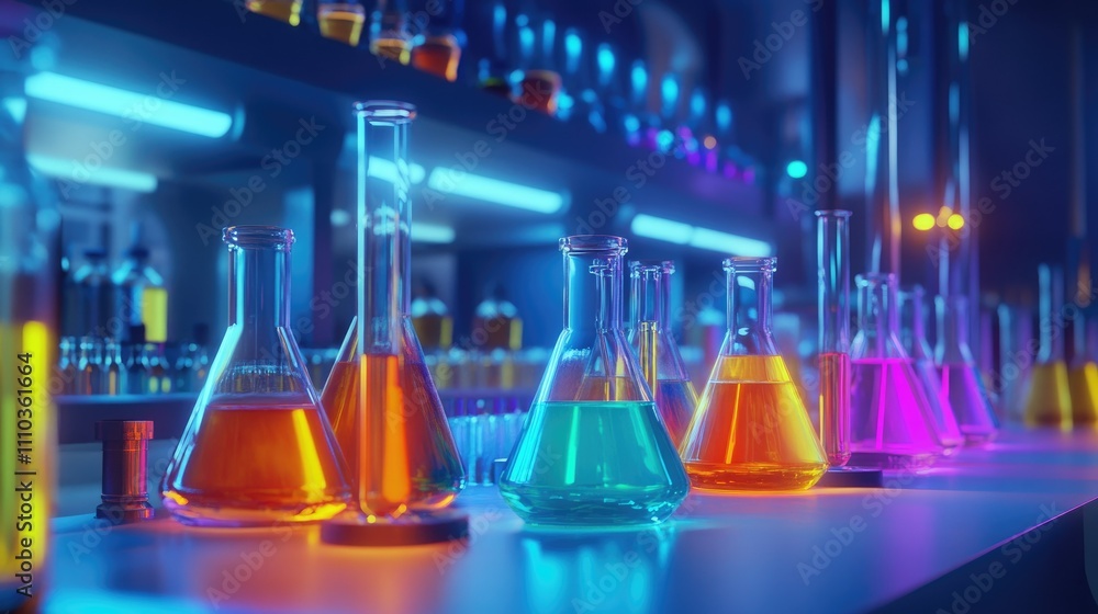 Scientific lab: flasks filled with bright liquids, linked by tubes, on a clean bench for a chemical reaction demonstration. Scientific lab: flasks filled with bright liquids, linked by tubes, on a clean bench for a chemical reaction demonstration.