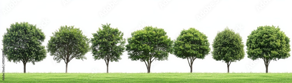 Seven Lush Green Trees on Grass Isolated on White Seven Lush Green Trees on Grass Isolated on White