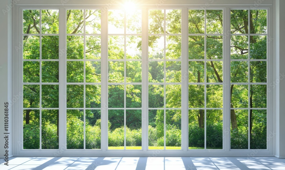 Sunlight streams through large window, lush green trees outside. Sunlight streams through large window, lush green trees outside.