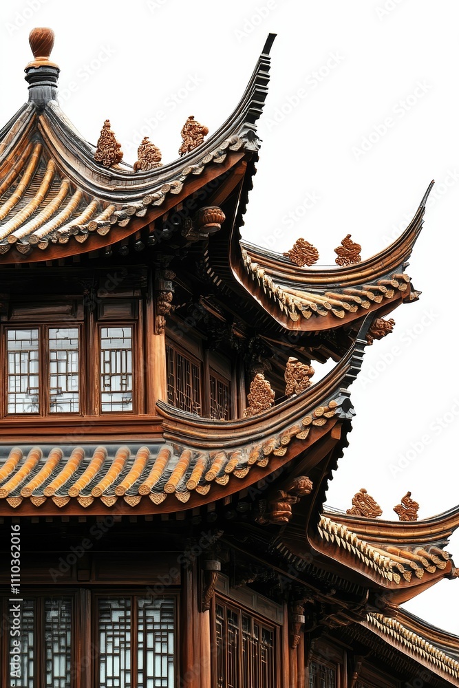 Naklejka premium Ornate wooden building, tiered roof, intricate details.