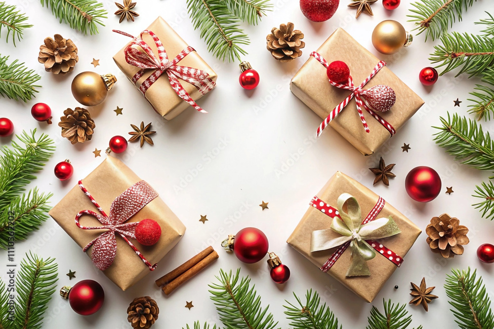 Festive Christmas gifts arranged with ornaments, pine cones, and greenery on white background. Festive Christmas gifts arranged with ornaments, pine cones, and greenery on white background.