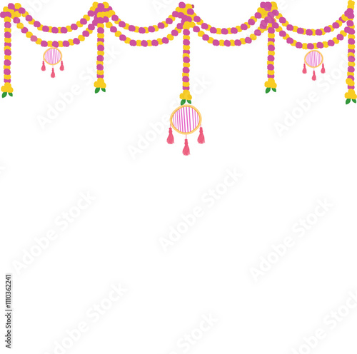 Floral marigold toran decor hanging with colorful tassles vector for Indian wedding ceremony invite, haldi invitation, save the date, mehendi decor, sangeet night, traditional marriage card design 