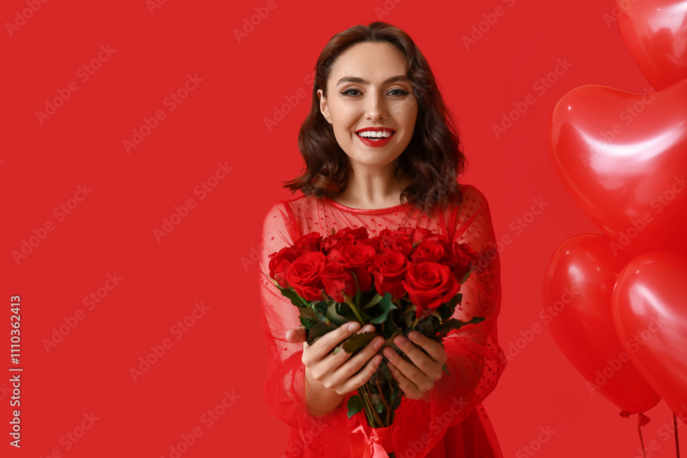 Beautiful young woman with bouquet of roses and air balloons on red background Beautiful young woman with bouquet of roses and air balloons on red background
