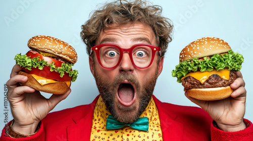 A man with curly hair and bright red glasses with surprised expression  holding two oversized burgers