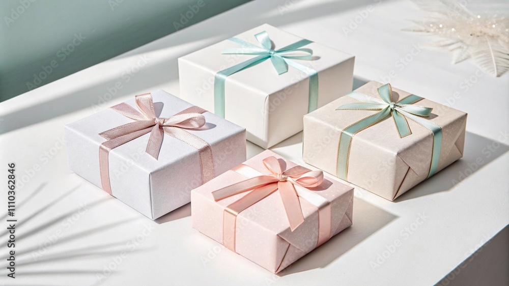 Obraz premium Minimalist gift boxes with pastel ribbons for e-commerce