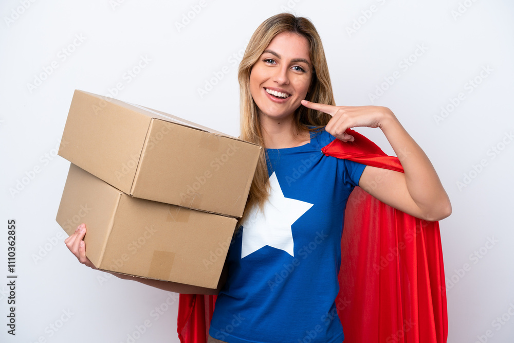 Super Hero delivery woman isolated on white background giving a thumbs up gesture Super Hero delivery woman isolated on white background giving a thumbs up gesture
