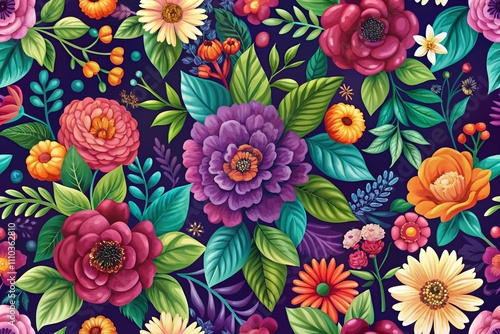 Multicolor Floral Motif with Lush Green and Purple Leaves Perfect for Backgrounds and Textiles Featuring Ample Copy Space in Right Position for Creative Designs