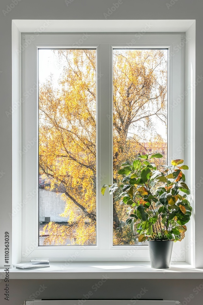 White window, autumn leaves, potted plant, bright sunlight. White window, autumn leaves, potted plant, bright sunlight.