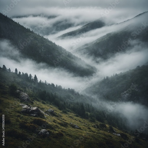 A dramatic mountain pass enveloped in fog and mist. photo