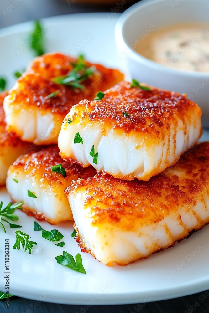 Deliciously golden fried fish fillets served with a creamy dipping sauce, garnished with fresh parsley on a white plate. Deliciously golden fried fish fillets served with a creamy dipping sauce, garnished with fresh parsley on a white plate.