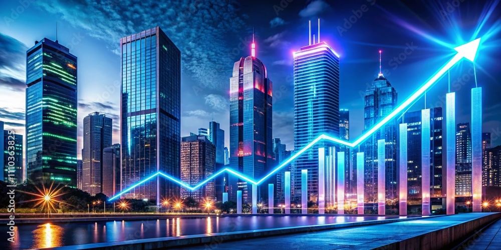 Neon Financial Graph Illustrating a Dynamic Upward Trend in a Modern Urban Environment, Capturing the Intersection of Technology and Finance with a Vivid Color Palette Neon Financial Graph Illustrating a Dynamic Upward Trend in a Modern Urban Environment, Capturing the Intersection of Technology and Finance with a Vivid Color Palette