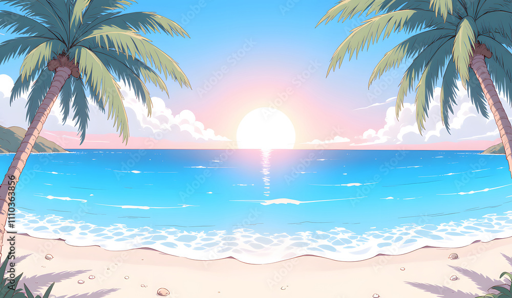 A picturesque tropical beach at sunrise, framed by palm trees, with soft sand, gentle waves, and a vibrant sky blending hues of pink, orange, and blue. A picturesque tropical beach at sunrise, framed by palm trees, with soft sand, gentle waves, and a vibrant sky blending hues of pink, orange, and blue.