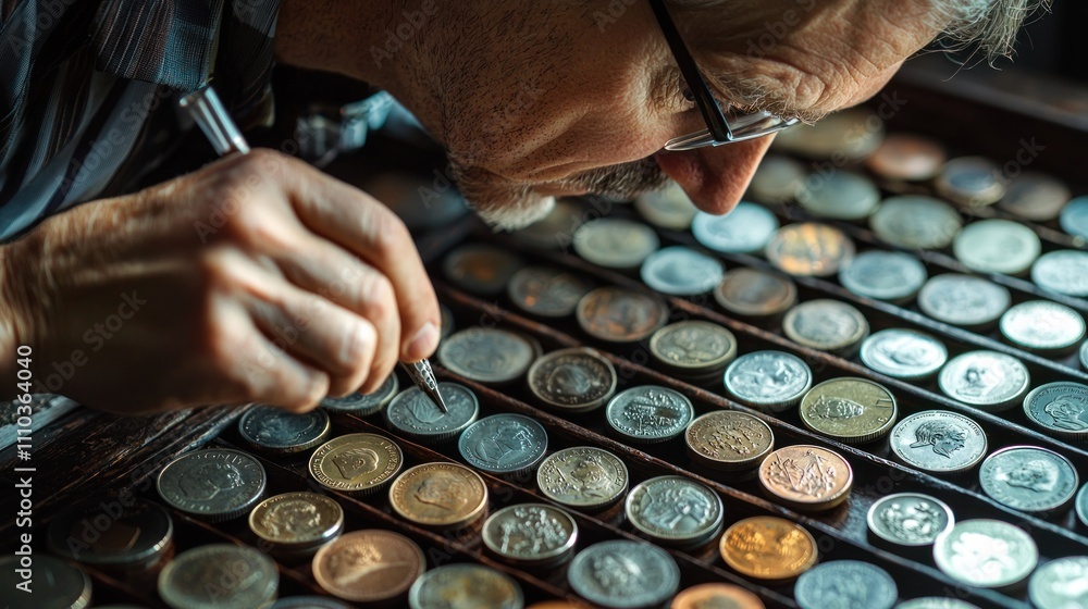 Fototapeta premium A collector carefully examining and sorting through a vintage coin collection