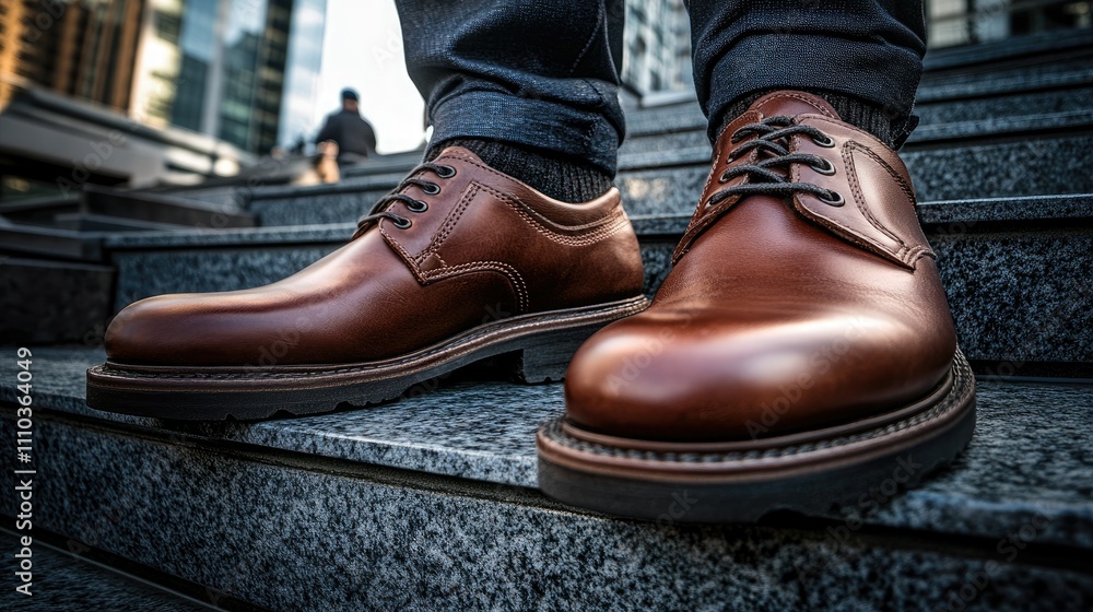 Stepping up: close-up of brown leather shoes on city stairs, urban office building and fast-paced life in the background. Stepping up: close-up of brown leather shoes on city stairs, urban office building and fast-paced life in the background.