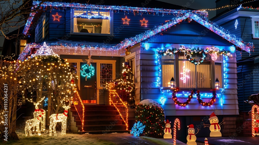 Typical residential home outside adorned for the holiday of christmas and new year Typical residential home outside adorned for the holiday of christmas and new year