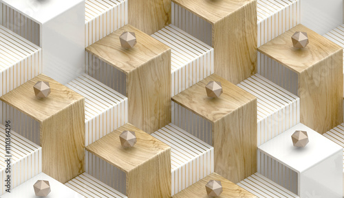 3D geometric box stairs pattern with wooden and white textures photo