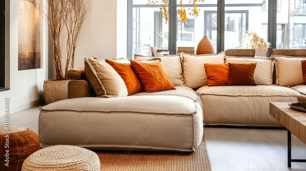 Fototapeta premium Stylish urban living room with earthy tones, a beige sofa, orange cushions, and soft natural light