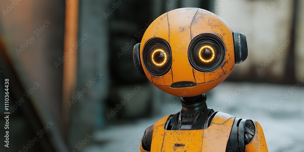 A robot with yellow eyes and a yellow face. The robot is standing in a room with a wall A robot with yellow eyes and a yellow face. The robot is standing in a room with a wall