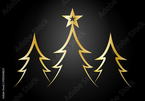 Tres arboles de navidad de trazo dorado en fondo negro