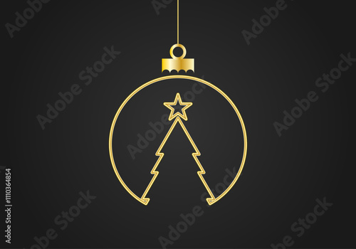 Bola de navidad con silueta de pino de trazo dorado en fondo negro
