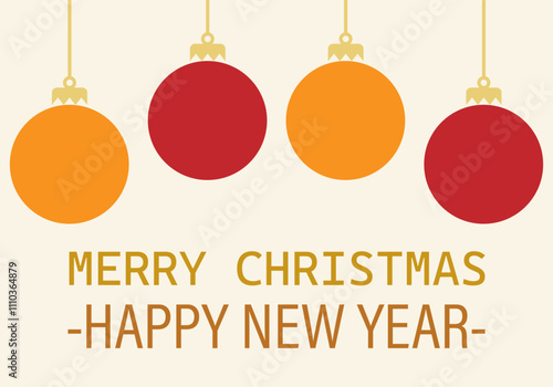 Felicitación de navidad y año nuevo con bolas de navidad rojas y naranjas