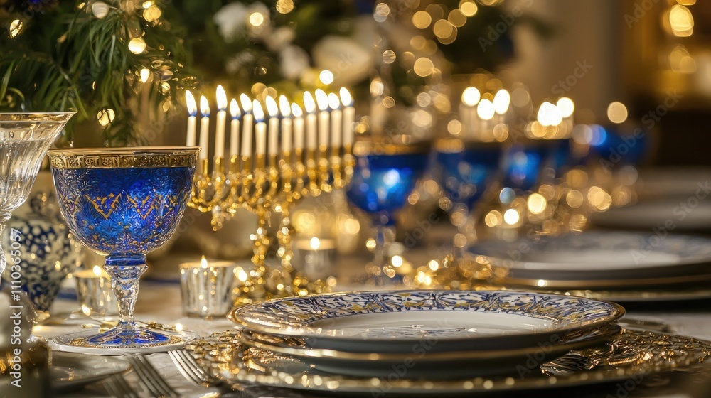 A peaceful Hanukkah scene with menorahs lit, surrounded by blue and gold candles, and a festive table set for the holiday meal. A peaceful Hanukkah scene with menorahs lit, surrounded by blue and gold candles, and a festive table set for the holiday meal.