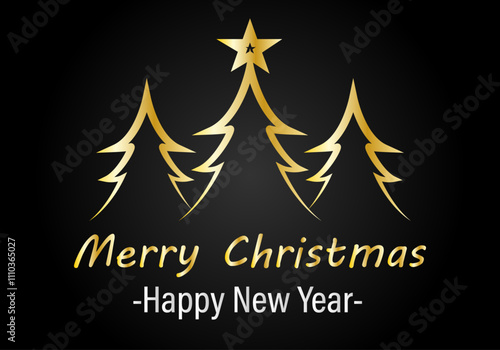 Felicitación de navidad y año nuevo con árbol de navidad dorado en degradado negro