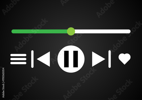 Reproductor de vídeo de barra verde con botones de play, siguiente, me gusta y opciones 