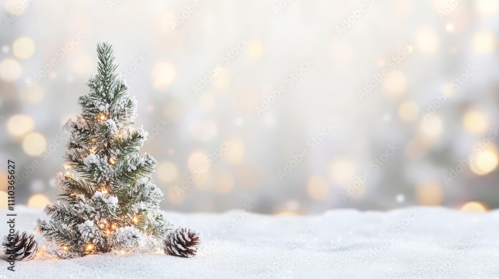 Obraz premium Snowy Christmas Tree with Lights Pinecones Winter Holiday Background