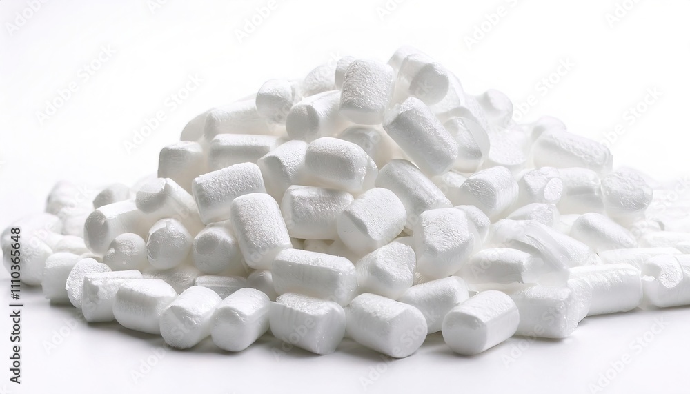 Styro foam popcorn, packing peanuts, or packing noodles, are a loose fill packaging and cushioning material used to prevent damage to fragile objects during shipping. Isolated on white background Styro foam popcorn, packing peanuts, or packing noodles, are a loose fill packaging and cushioning material used to prevent damage to fragile objects during shipping. Isolated on white background