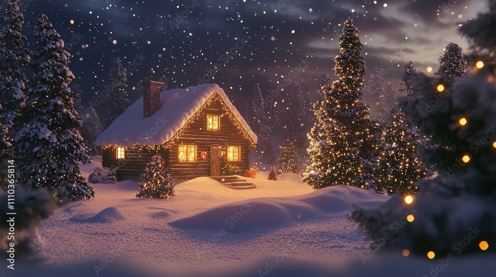 A cozy winter holiday scene with a snow-covered cabin, warm lights glowing from the windows, and pine trees adorned with ornaments. A cozy winter holiday scene with a snow-covered cabin, warm lights glowing from the windows, and pine trees adorned with ornaments.