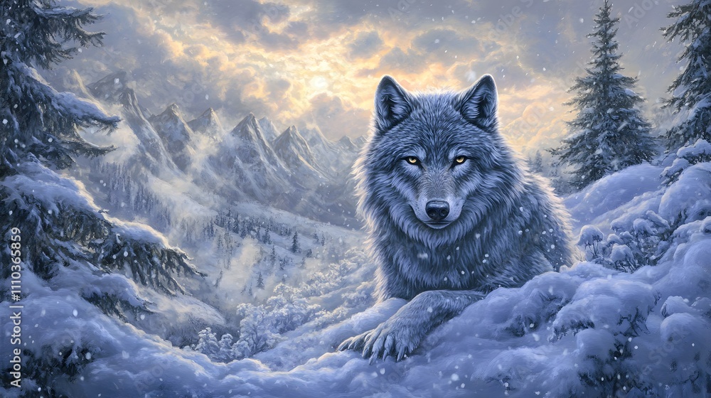 Fototapeta premium Majestic Wolf in a Snowy Mountain Landscape
