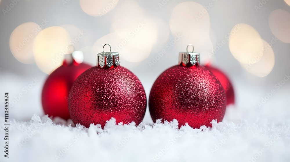 Red Glitter Christmas Ornaments in Snow Festive Holiday Decoration Red Glitter Christmas Ornaments in Snow Festive Holiday Decoration