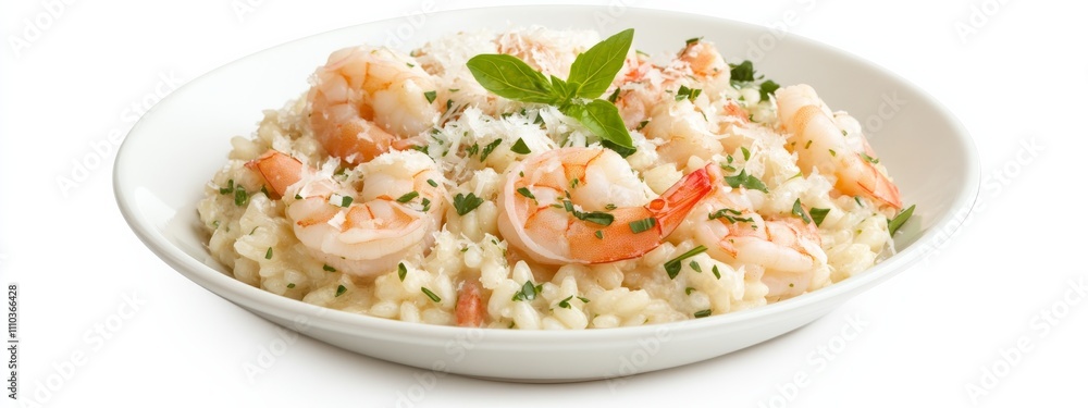 A creamy seafood risotto with plump shrimp and parmesan shavings, isolated white background, impressionism art style A creamy seafood risotto with plump shrimp and parmesan shavings, isolated white background, impressionism art style