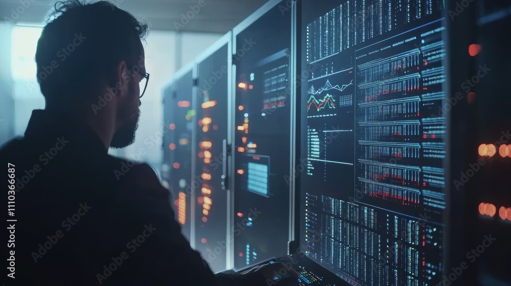 It technician analyzing data in a server room high-tech environment cinematic view gigapixel quality It technician analyzing data in a server room high-tech environment cinematic view gigapixel quality