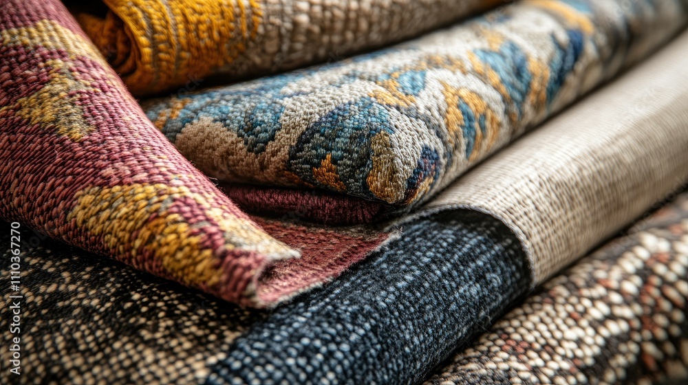 Vibrant fabric swatches showcasing rich textures and patterns, displayed under crisp lighting Vibrant fabric swatches showcasing rich textures and patterns, displayed under crisp lighting